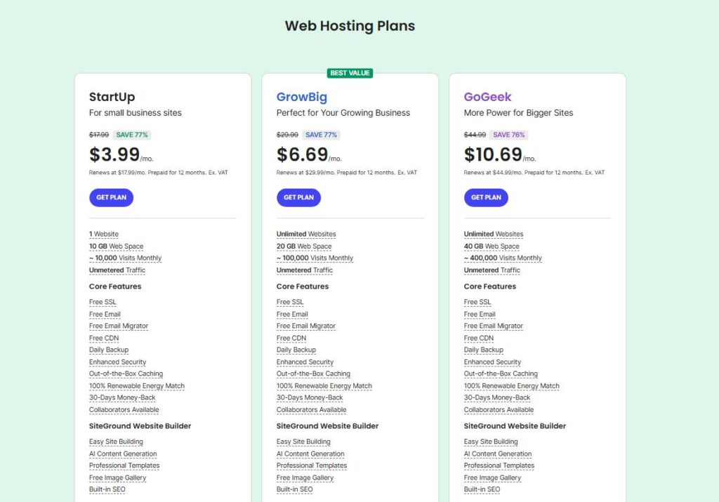 SiteGround Pricing and Plans